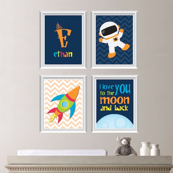 Astronaut Love Print Quad - Baby. Decor. Kid. Nursery. Boy. Space. Rocket. Shown in Navy Orange Green Yellow - You Pick the Size (NS-215)