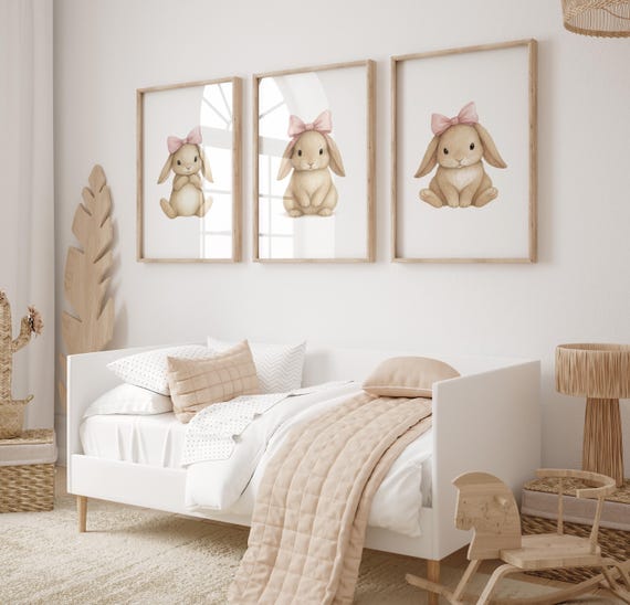 Baby Girl Bunny Nursery Prints, Baby Girl Woodland Bunny Nursery Decor, Nursery Wall Art, Watercolor Bunny Decor Poster, Nursery Rabbit Art