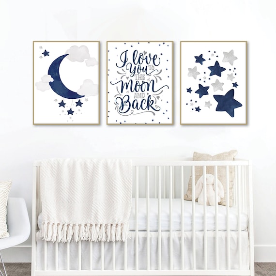 Stars and Moon Nursery Decor Set of 3, Boy Nursery Decor, Stars and Moon Nursery Prints, Boy Nursery Wall Decor, Boy Bedroom Art Prints.