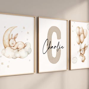 Custom Bunny Nursery Art, Set of 3, Beige Sepia Prints