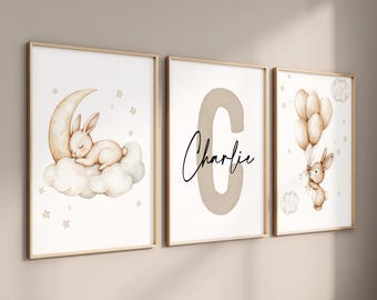 Custom Bunny Nursery Art, Set of 3, Beige Sepia Prints