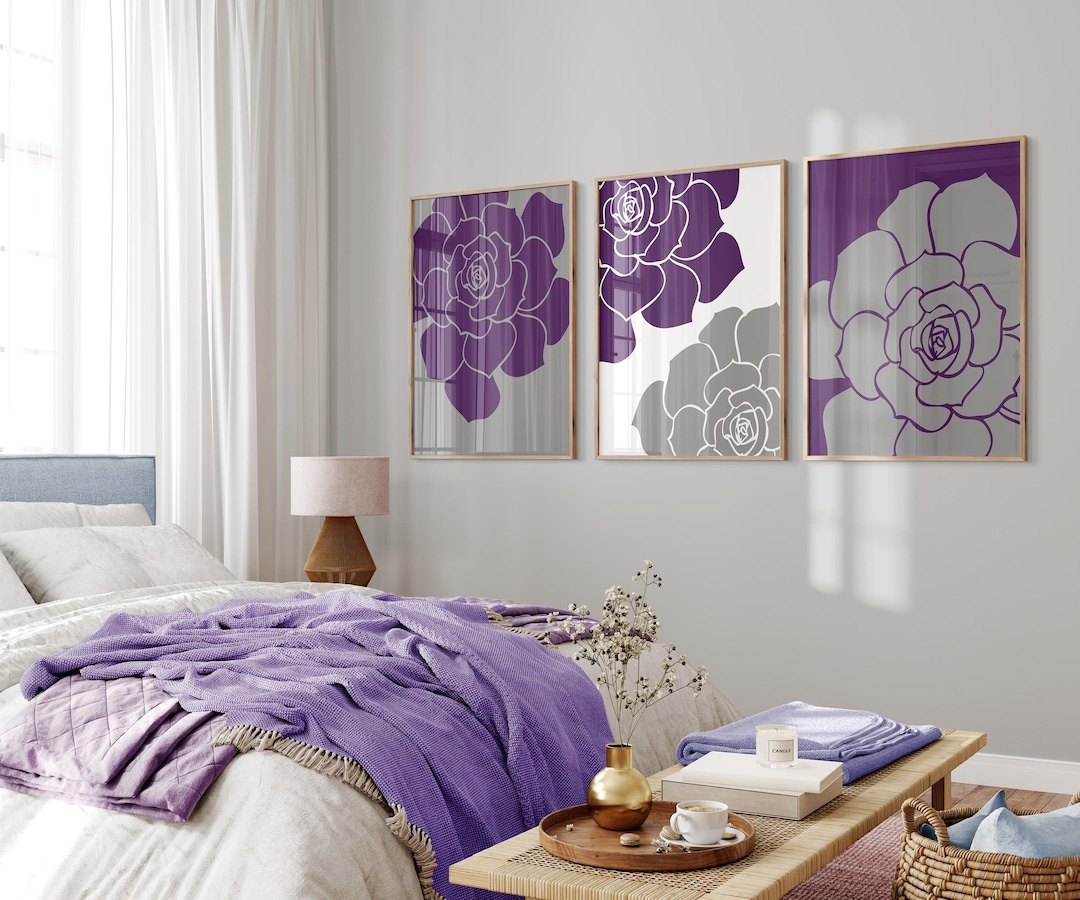Purple & Gray Flower Prints, Modern Floral Bedroom Wall Art Set - Etsy