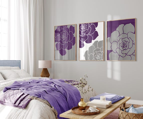 Purple & Gray Flower Prints, Modern Floral Bedroom Wall Art Set