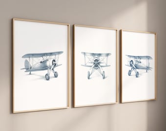Airplane Nursery Prints, Vintage Biplane Sketches, Set of 3