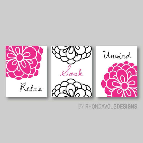 Floral Relax Soak Unwind Print Trio - Bathroom Home Decor Wall - Shown in Magenta Pink and Black - You Pick the Size & Colors (NS-307)