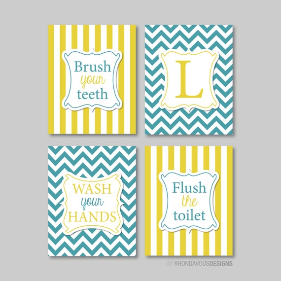 Bathroom Rules Stripe and Chevron Quad - Home. Decor. Bath. - Shown in Turquoise and Mustard Yellow - You Pick the Size & Colors (NS-332)