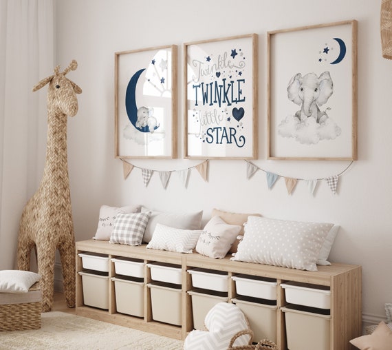 Boy Elephant Nursery decor, navy nursery decor, moon and stars nursery, twinkle twinkle little star, navy blue nursery art, elephant nursery