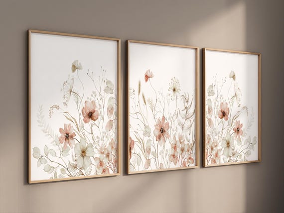 Boho Floral Wall Art Set of 3: Beige Botanical Art Prints, Neutral Baby Girl Nursery Decor