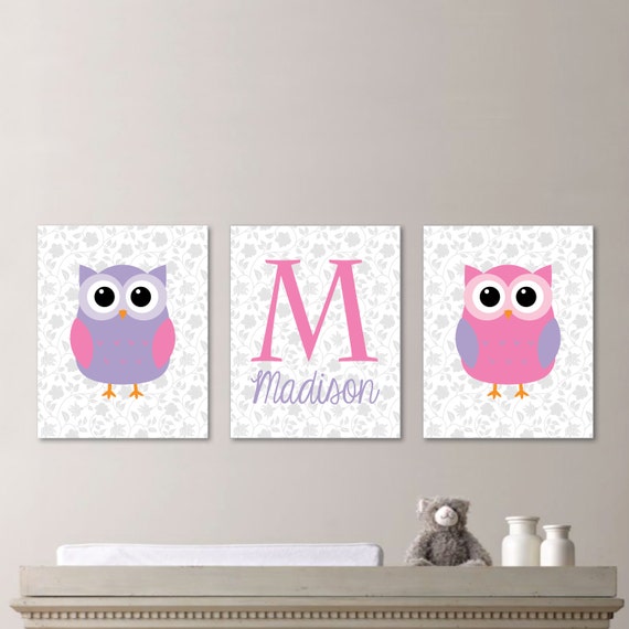 Baby Girl Nursery Art Print - Owl Nursery Art - Owl Nursery Decor Owl Bedroom Art. Monogram. Owl Bedroom. Owl Bathroom. Pink Purple (NS-625)