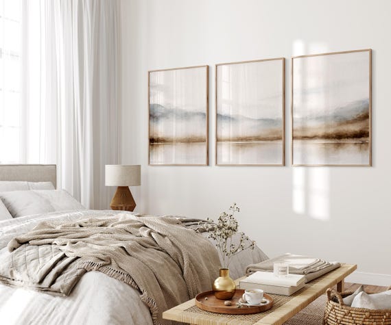 Neutral Watercolor Mountain Print Set of 3, Minimalist Landscape Wall Art, Beige Nature Decor, Modern Farmhouse Art