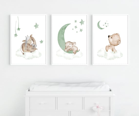 Moon and Stars Nursery Decor, Animals Nursery Wall Art, Sage Green Nursery Decor, Gender Neutral Nursery Decor, Woodland Animal Nursery Art