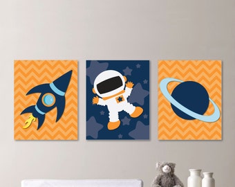 Baby Boy Nursery Art - Astronaut Nursery Art - Astronaut Nursery Decor, Astronaut Bedroom Art, Astronaut Bedroom Decor, Orange Navy (NS-610)