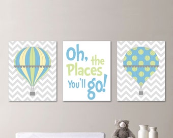 Hot Air Balloon Nursery - Hot Air Balloon Art - Hot Air Balloon Print - Boy Nursery Art Print - Boy Bedroom Art Print - Blue Green - NS-538