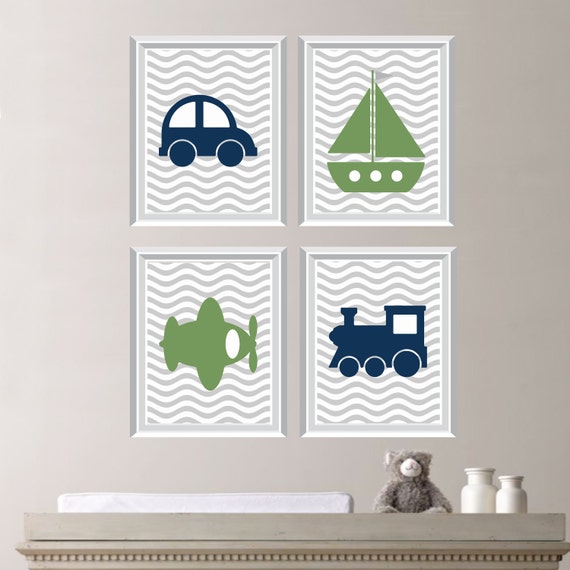 Baby Boy Nursery Art - Transportation Wall Art - Transportation Nursery - Transportation Room Decor - Navy Gray Green - (NS-216)