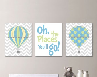 Hot Air Balloon Nursery - Hot Air Balloon Decor - Hot Air Balloon Print - Baby Boy Nursery Art Print - Boy Bedroom Art - Blue Green - NS-538