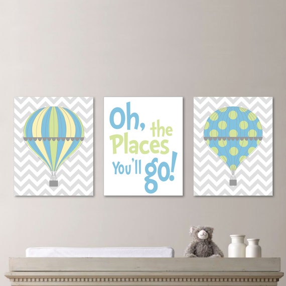 Hot Air Balloon Nursery - Hot Air Balloon Decor - Hot Air Balloon Print - Baby Boy Nursery Art Print - Boy Bedroom Art - Blue Green - NS-538