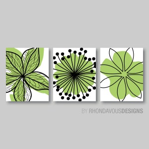 Lime Green Black Flower Print Trio Home Petals Bloom Wall Art Bedroom Nursery Bathroom Bath Dining You Pick the Size & Colors NS-353 image 1