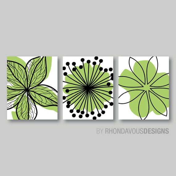 Lime Green Black Flower Print Trio - Home Petals Bloom Wall Art Bedroom Nursery Bathroom Bath Dining -You Pick the Size & Colors (NS-353)