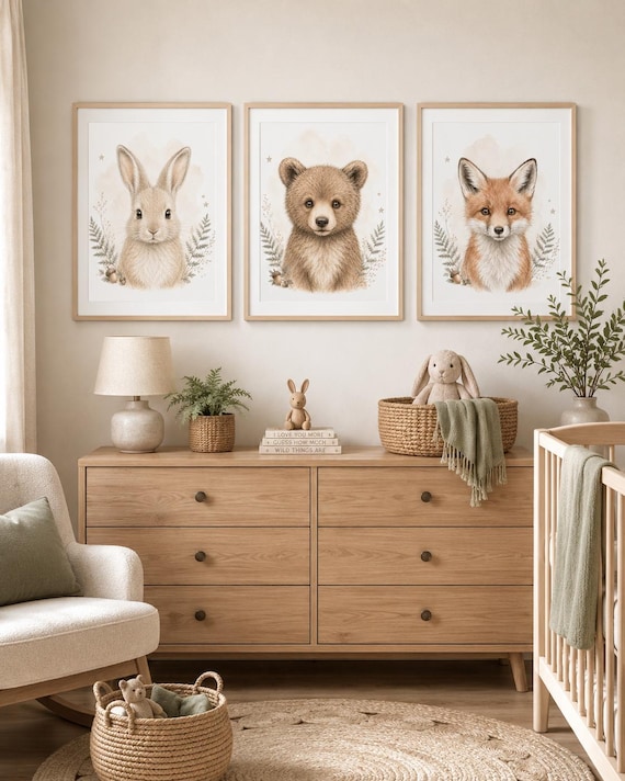 Watercolor Woodland Nursery Wall Art Set of 3, Bunny Bear Fox Prints, Neutral Sage Green Baby Room Decor, Forest Animal Art