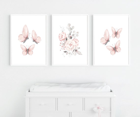 Butterfly Floral Nursery Print Set, Baby Girl Wall Decor, Blush Flowers and Butterfly Prints, Baby Girl Shower Gift, Butterfly Nursery