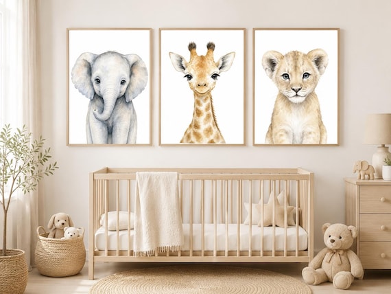 Safari Nursery Wall Art Set of 3, Neutral Baby Animal Prints, Elephant Giraffe Lion Decor for Boy or Girl Nursery