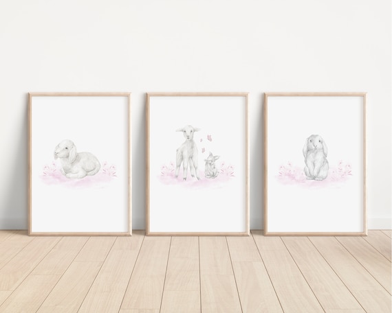 Baby Girl Nursery Decor, Lamb Nursery Prints, Bunny Nursery Prints, Animal Nursery Prints, Blush Pink Nursery Decor, Farmhouse Nursery Decor