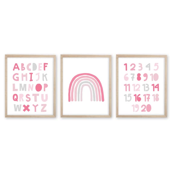 Alphabet Number Print Set of 3. Rainbow Prints. Learning Prints. Homeschool Art. ABC Prints. Number Art. Playroom Decor. Girl Nursery Decor.