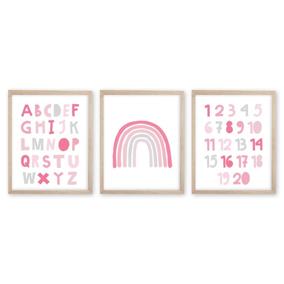 Alphabet Number Print Set of 3. Rainbow Prints. Learning Prints. Homeschool Art. ABC Prints. Number Art. Playroom Decor. Girl Nursery Decor.