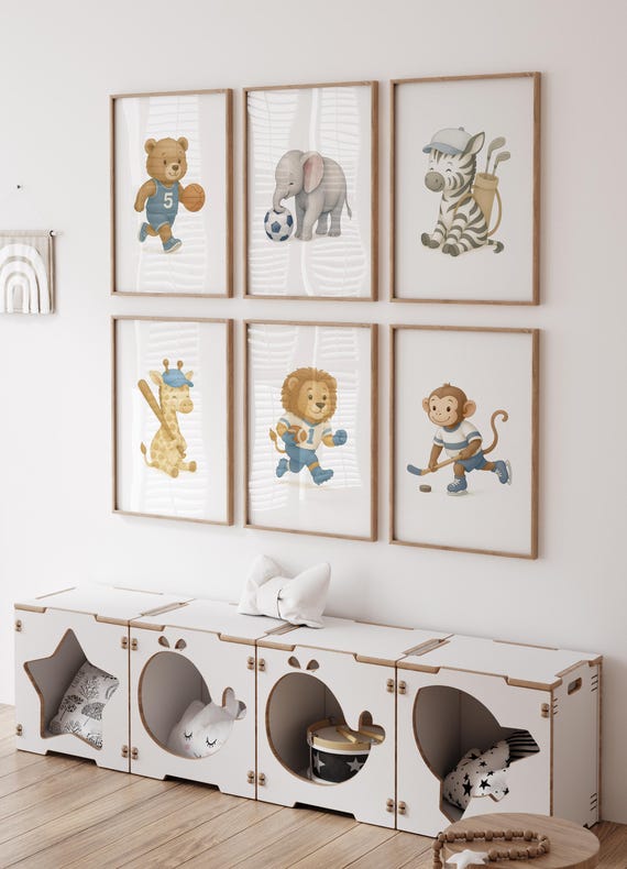 Sports Animal Nursery Decor, Baby Animals Sport, Baby boy Sports Nursery, Safari Nursery Prints, Animal Sports Art, Football, Baseball Art