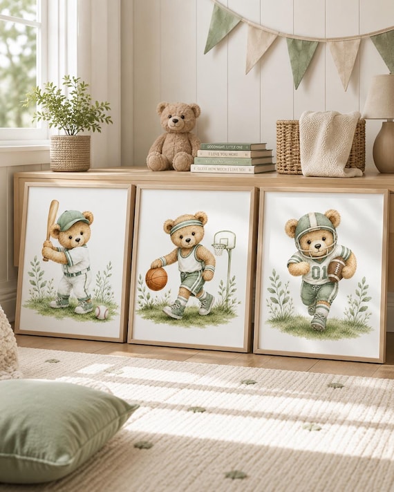 Teddy Bear Sports Nursery Wall Art Set of 3, Baseball Football Basketball Prints, Sage Green Boy Room Decor, Baby Shower Gift