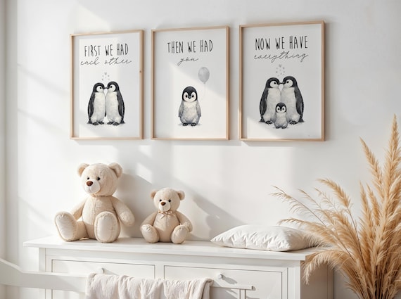 Penguin Nursery Art Prints - Gender Neutral Baby Room Decor Set of 3