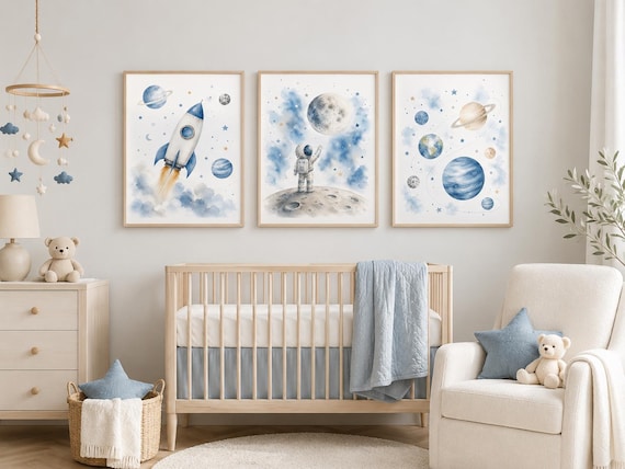 Space Nursery Wall Art Set, Rocket Astronaut & Planet Prints for Boys, Space Boys Bedroom Art