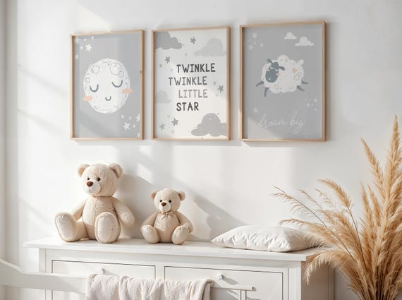 Sheep Nursery Wall Art Prints, Moon Stars Gray Gender Neutral Decor Set of 3 for Baby Boy Girl Room