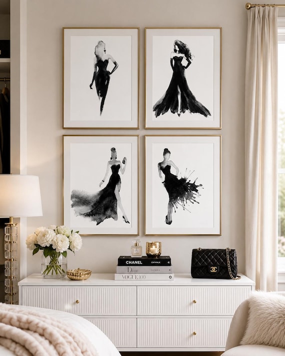 Fashion Wall Art Set of 4, Black and White Watercolor Woman Prints, Glam Bedroom, Dressing Room, Dorm and Office Decor