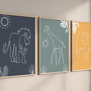 Boho Safari Line Art Set of 3, Children&#39;s Bedroom Nursery Wall Art Print, Lion, Elephant, Giraffe, Jungle Animal, Minimalist, Boy Nursery