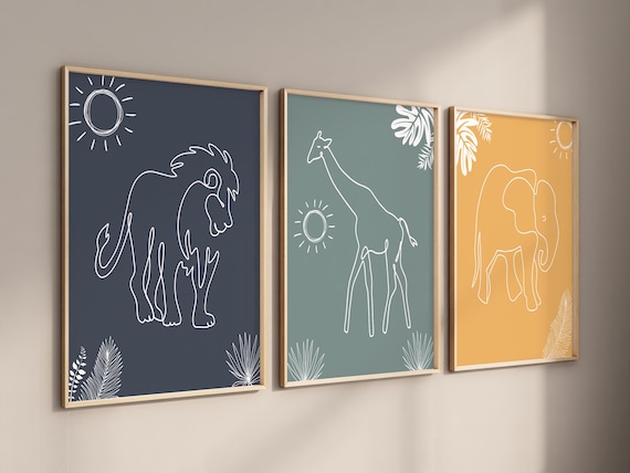Boho Safari Line Art Set of 3, Children's Bedroom Nursery Wall Art Print, Lion, Elephant, Giraffe, Jungle Animal, Minimalist, Boy Nursery
