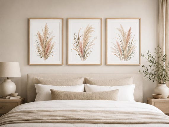 Pampas Grass Wall Art Set, Neutral Botanical Prints for Home Decor