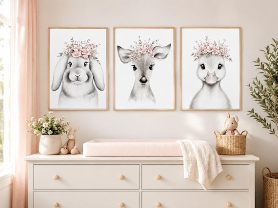 Pink Floral Woodland Nursery Prints, Bunny Deer Duck Wall Art Set, Girl Nursery Decor