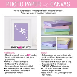 May include: Comparison graphic: "Photo Paper vs. Canvas." Includes a framed print with a purple background and a white wand design. Also shows stacked canvas prints in pastel colors. Text details the differences between photo paper and canvas prints.