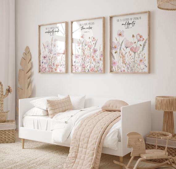 Christian Boho Wildflower Nursery Decor, Bible Verse Prints with Wildflowers, Scripture Girl Nursery Decor, Vintage Flower Nursery Decor