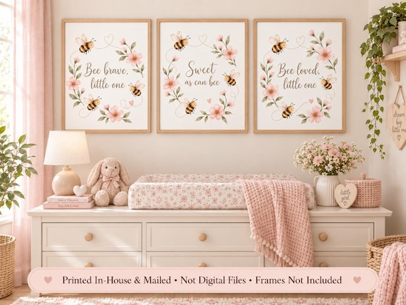 Bee Nursery Wall Art Set of 3, Pink Floral Quote Prints