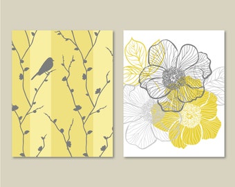 Abstract Floral Bird Print Set, Mustard Yellow & Gray Canvas Art