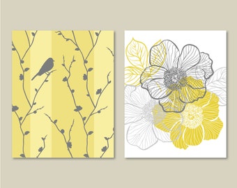 Abstract Floral and Bird Duo. Home. Decor. Wall Art. Bathroom Art. Bathroom Decor. Mustard Yellow and Gray Art. Bedroom Art. Canvas (NS-148)