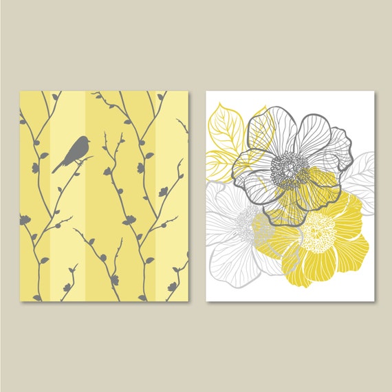 Abstract Floral and Bird Duo. Home. Decor. Wall Art. Bathroom Art. Bathroom Decor. Mustard Yellow and Gray Art. Bedroom Art. Canvas (NS-148)