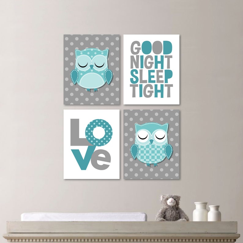 Baby Girl Nursery Art Owl Nursery Art Owl Nursery Decor Owl bedroom Art Owl Bedroom Decor Teal Turquoise Gray NS-443 image 1