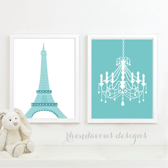 Teal Blue Eiffel Tower Chandelier Print Duo - Paris. French. Wall. Art. Home. Decor. Baby Girl Room Nursery - You Pick the Size (NS-262)