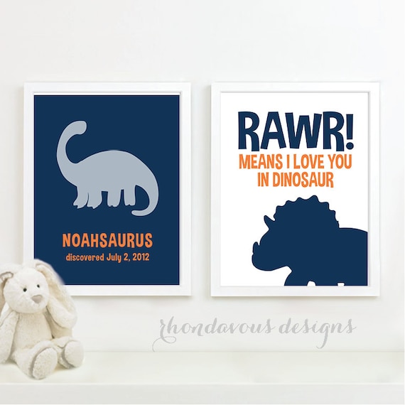 Baby Boy Nursery Art - Boy Bedroom Art - Dinosaur Nursery Decor - Dinosaur Nursery Art Print - Navy Orange - You Pick the Size (NS-281)