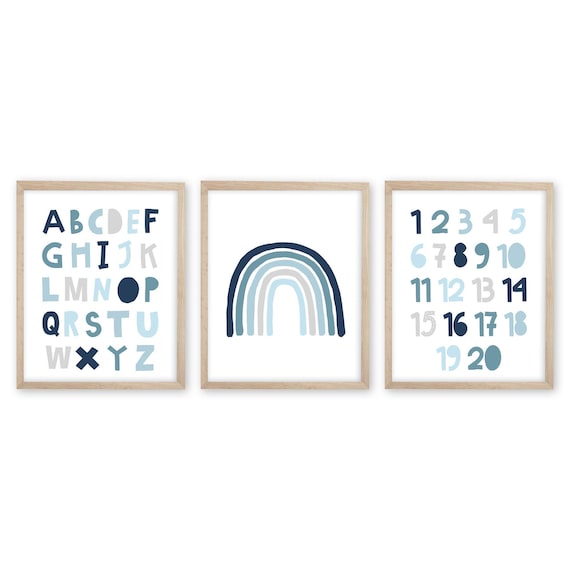 Alphabet Number Print Set of 3. Rainbow Prints. Learning Prints. Homeschool Art. ABC Prints. Number Art. Playroom Decor. Boy Nursery Decor.