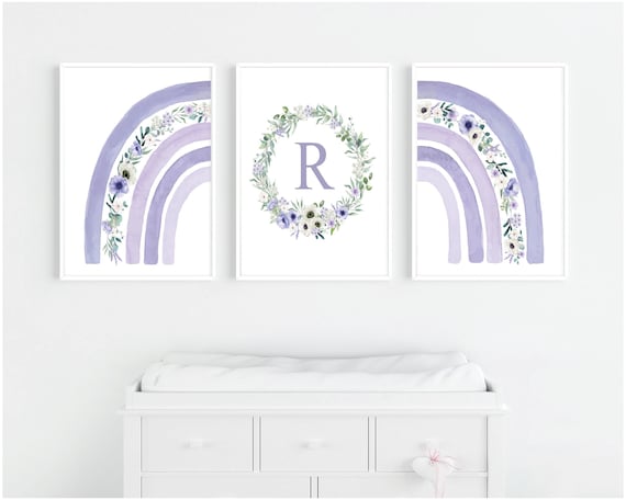 Boho Purple Nursery decor, rainbow nursery wall art, lavender nursery, girls room decor, flower rainbow, rainbow art, purple nursery prints