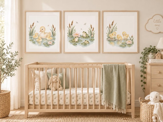 Pond Nursery Wall Art Set of 3, Duckling Frog and Chick Watercolor Prints, Baby Animal Nursery Decor, Cottagecore Kids Room Art